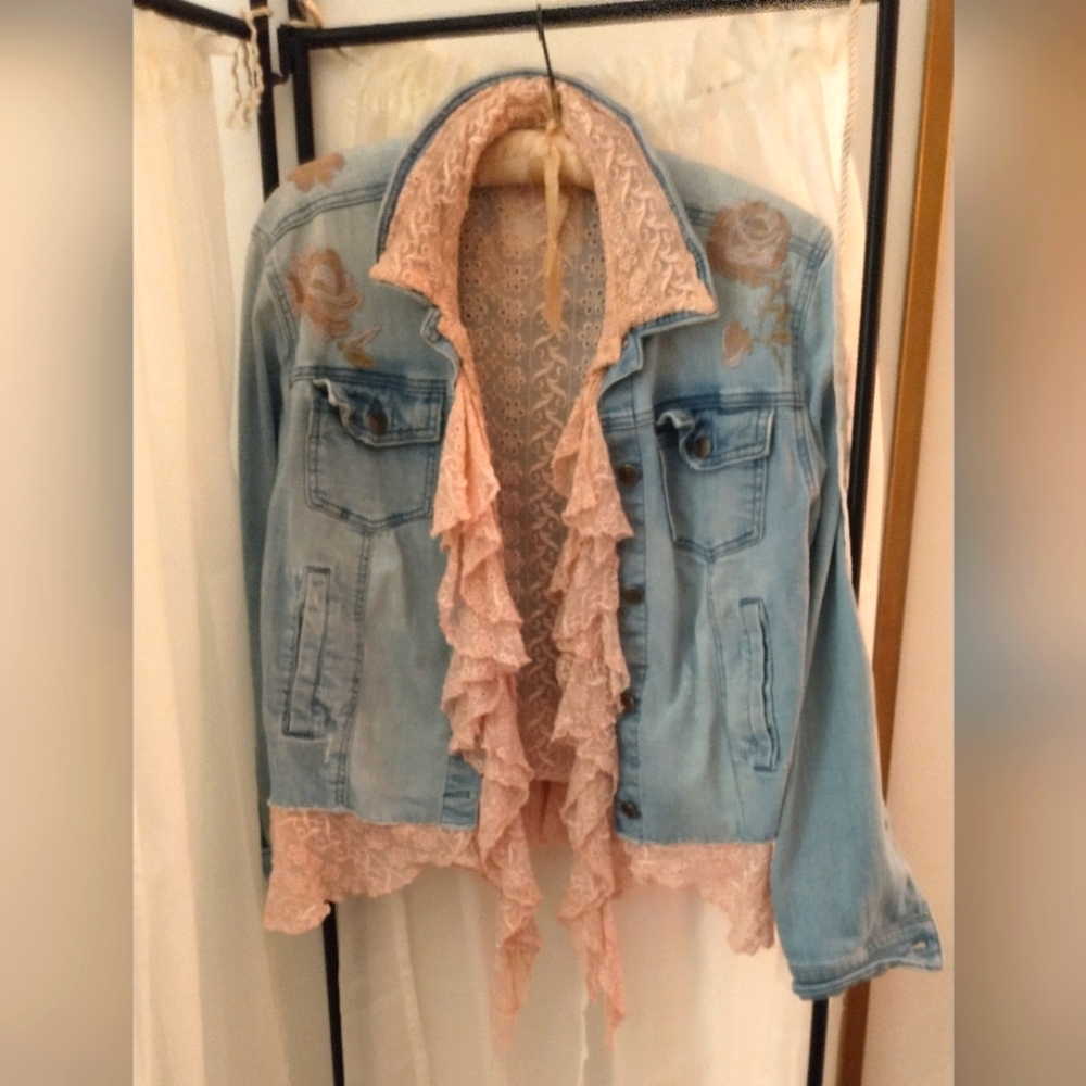 Light Wash Denim Jacket with Pink Lace Trim